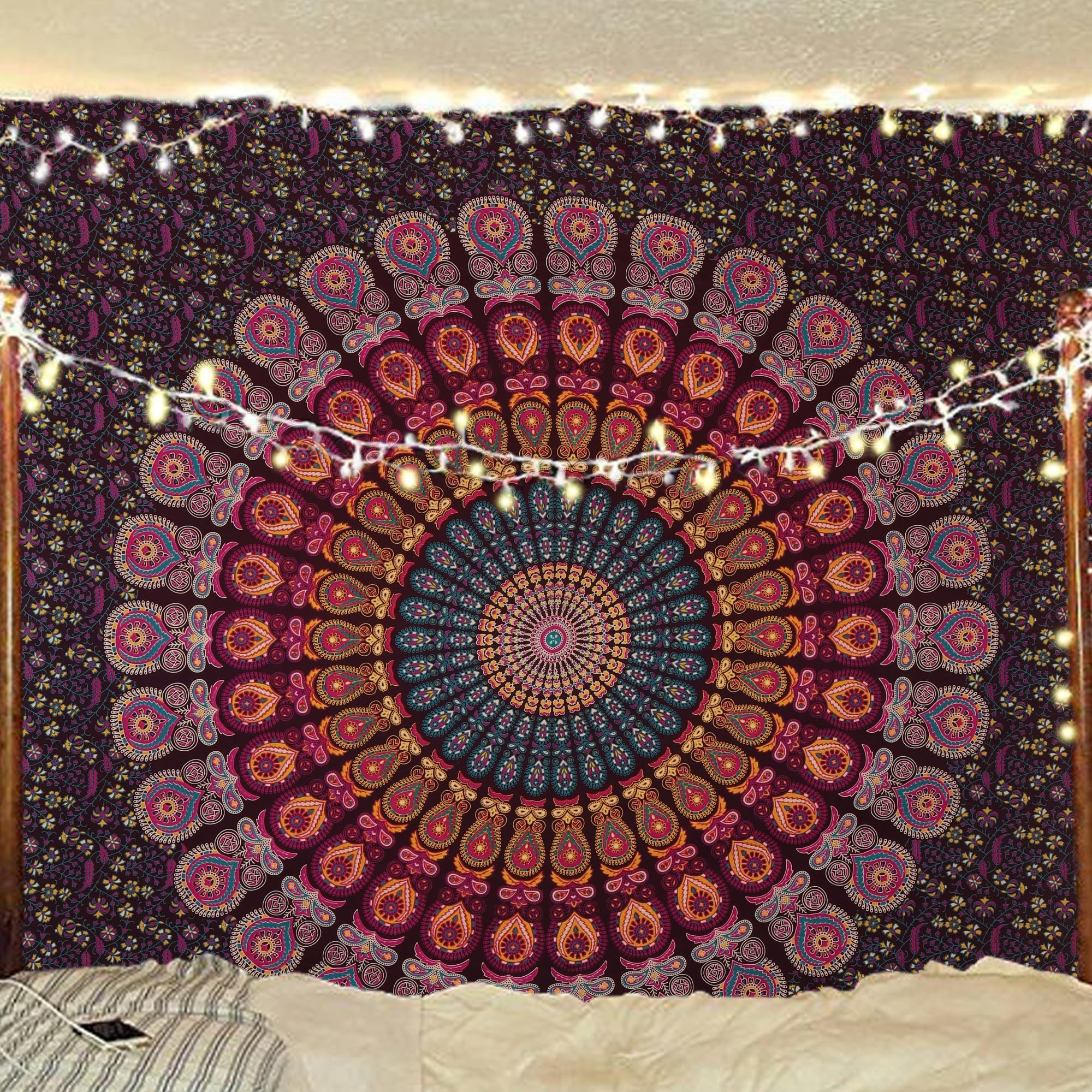 Handmade Indian hippie Bohemian Psychedelic Peacock Mandala Wall hanging College Dorm Beach Throws Table Cloth Bedding Tapestry