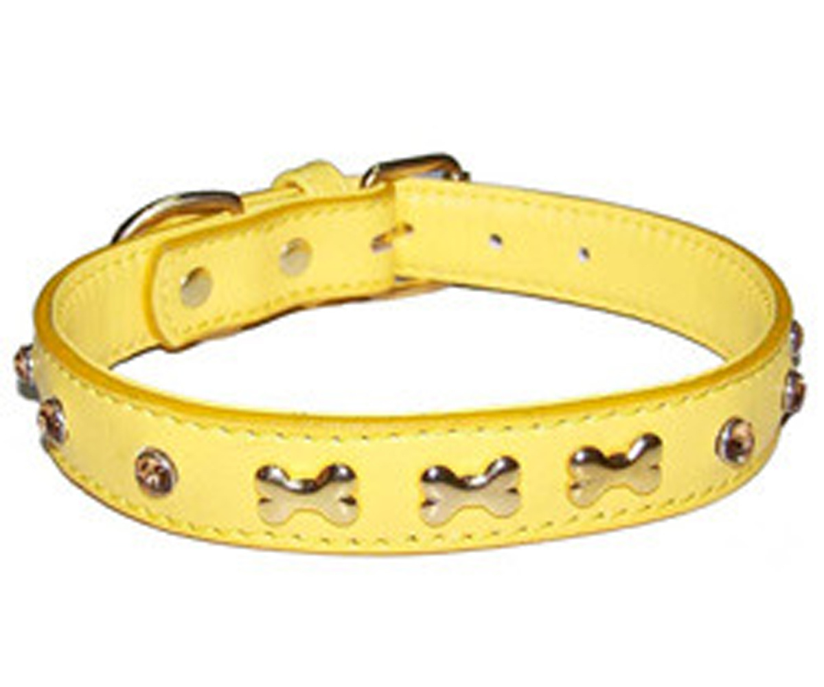 FANCY LEATHER DOG COLLAR FITTED WITH DOG BONE MOTIF IN YELLOW COLOR