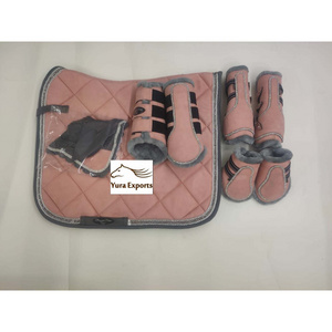 HORSE ENGLISH COTTON SADDLE PAD WITH MATCHING BELL BOOT TENDON BOOT & FLY VEILS MATCHING SET  CUSTOMIZATION ACCEPTED