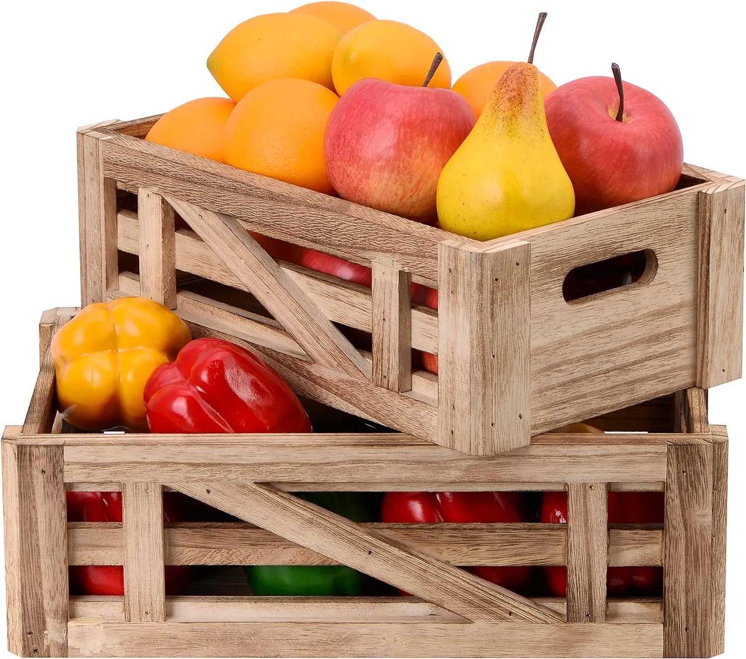 Decorative Wooden Crates, Rustic Countertop Nesting Basket with Handle, Antique Small Storage Containers for Fruit, Veggies