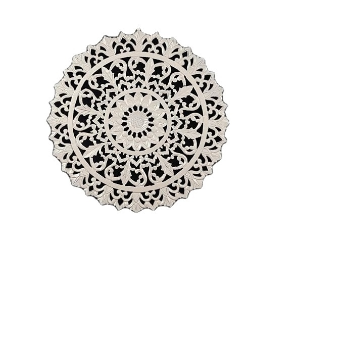 Wooden  Hand Crafted Round Shaped White Coloured Wooden Wall Hanging  Carving Design For Office Home