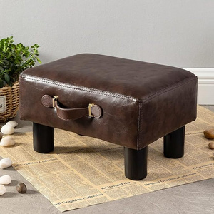 Small Foot Stool with Handle Brown Faux Leather Short Foot Stool Rest Rectangle Storage Foot Stools Ottoman