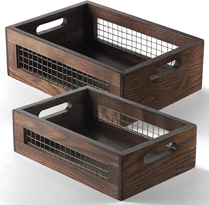 Decorative Wooden Crates, Rustic Countertop Nesting Basket with Handle, Antique Small Storage Containers for Fruit, Veggies