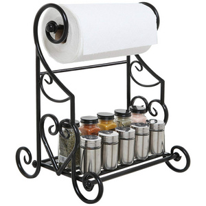 Black Kitchen & Bathroom Paper Towel Holder Stand/Counter Top Shelf Rack & Towel Bar