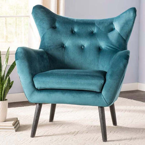 Velvet Accent Chair Modern Tufted Button Wingback Vanity Chair with Arms Upholstered Tall Back Desk Chair with Solid Leg