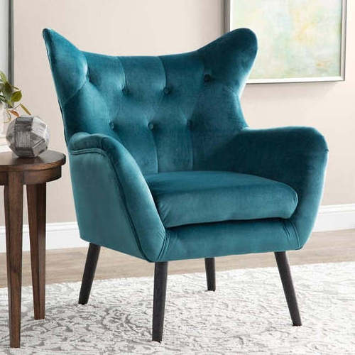 Velvet Accent Chair Modern Tufted Button Wingback Vanity Chair with Arms Upholstered Tall Back Desk Chair with Solid Leg