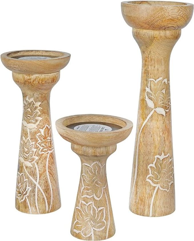 Lotus Vine Candle Holders for Pillar Candles (Whitewash, Set of 3) - Mango Wood Candle Holder Set