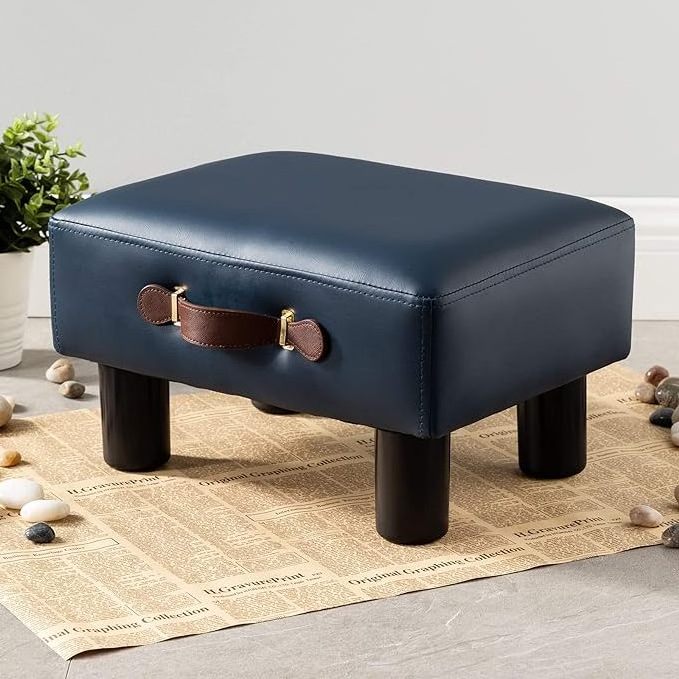 Small Foot Stool with Handle Brown Faux Leather Short Foot Stool Rest Rectangle Storage Foot Stools Ottoman