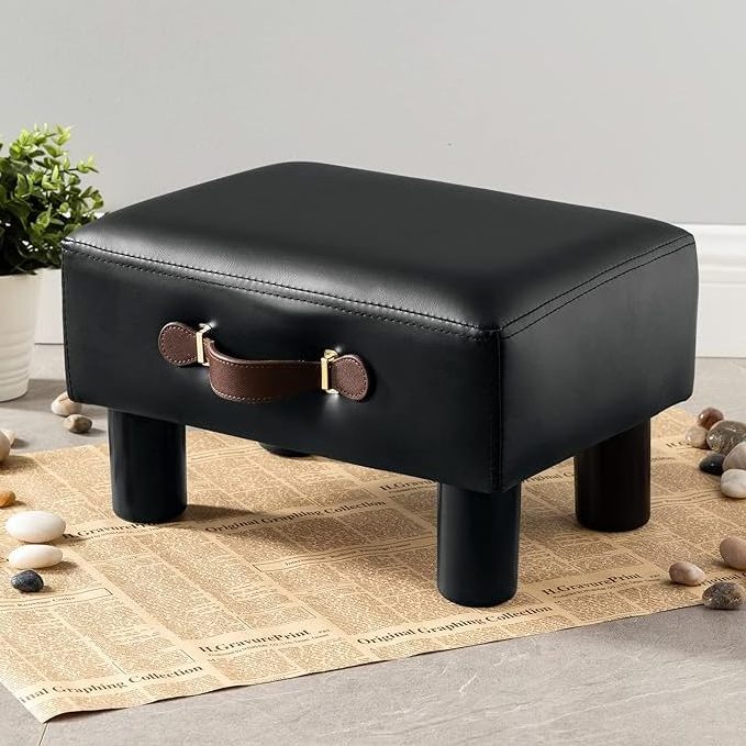 Small Foot Stool with Handle Brown Faux Leather Short Foot Stool Rest Rectangle Storage Foot Stools Ottoman