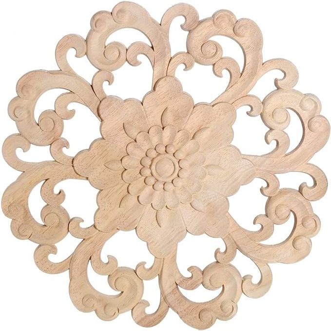 Round Unpainted Wooden Carved Flower Carvings Decals for Wall Cupboard Mirror Mantel Door Bed Cabinet Ceiling Dresser