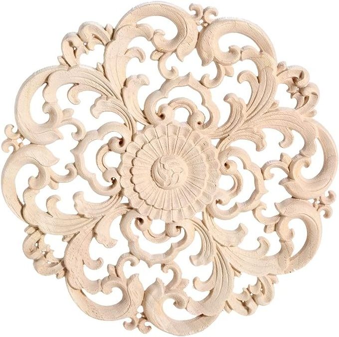 Round Unpainted Wooden Carved Flower Carvings Decals for Wall Cupboard Mirror Mantel Door Bed Cabinet Ceiling Dresser