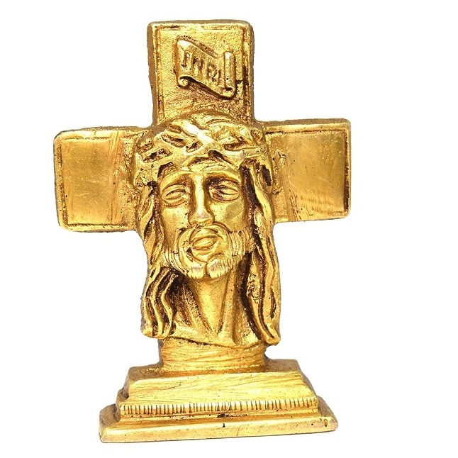 Handcrafted Brass Cross Statue with Jesus Face Home Decor Collectible Christians faith Lord Jesus