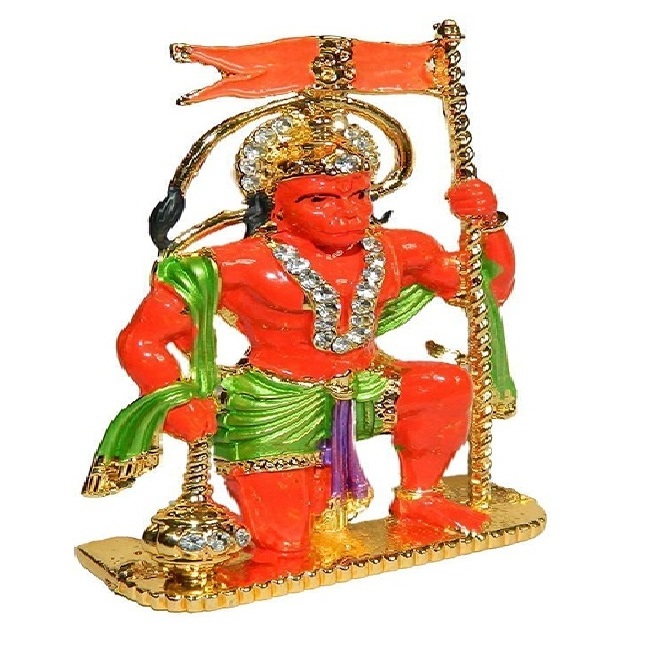 Golden Mix Metal Statue of God Hanuman with Flag, Bajrang Bali with Flag Idol for Car Dashboard Decor Home Decor  gifting