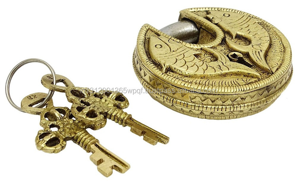 Gold Tone Brass Metal Fish Design Locks Decorative Round Padlock With 2 Keys Home Decor