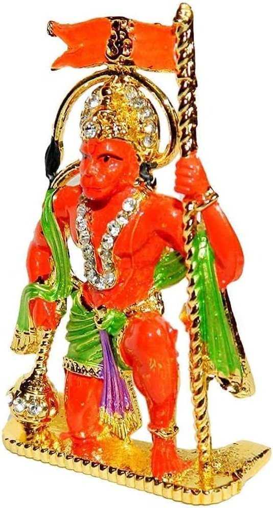 Golden Mix Metal Statue of God Hanuman with Flag, Bajrang Bali with Flag Idol for Car Dashboard Decor Home Decor  gifting