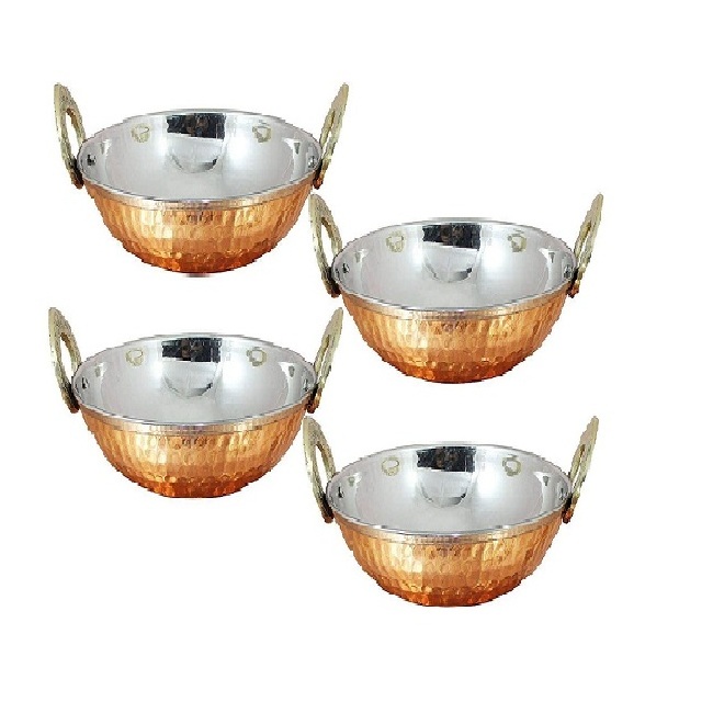 Wholesale Indian Copper Dinner Bowl Serveware Set of 4 Traditional Karahi with Handle Diameter 5 Inches Food serve kitchen gift