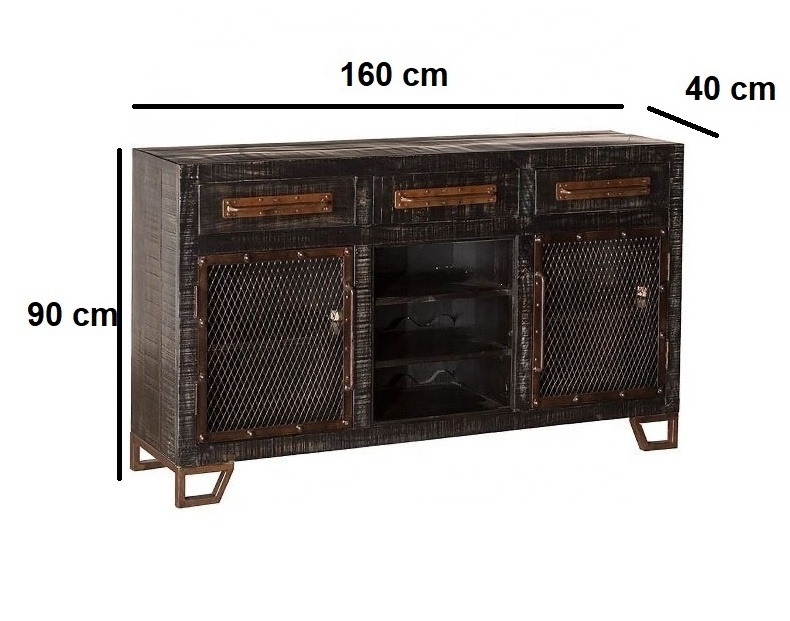 Retro Style Sideboard Cabinet with Metal Doors Black Finish Wooden Living Room Cupboard for Farmhouse Furniture