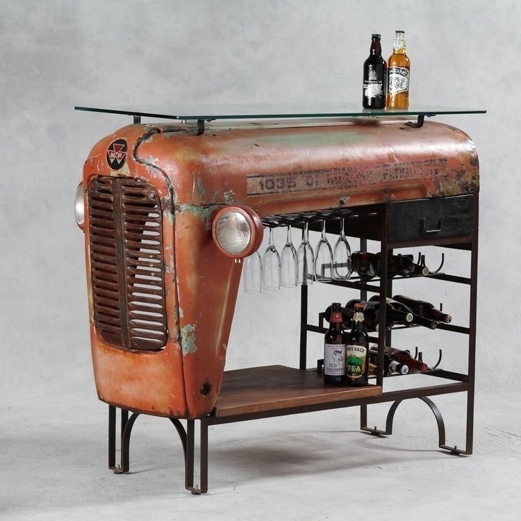 Retro styled industrial true vintage tractor body wine rack table with glass top automobile furniture