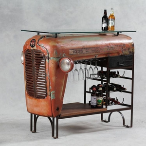 Retro styled industrial true vintage tractor body wine rack table with glass top automobile furniture