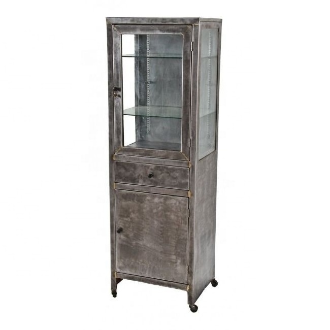 Contemporary styled industrial almirah/armoire with glass shelf and wheels