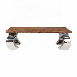 Modern European Style Recycled Railway Sleeper Wood Coffee Table with Opm Style Steel Base for Home Use