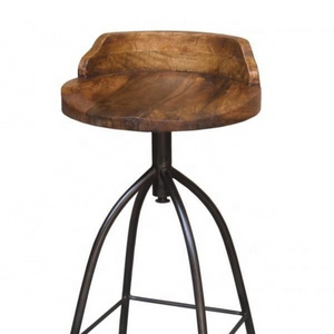 Vintage industrial swivel metal bar stool with adjustable height and solid mango wood seat