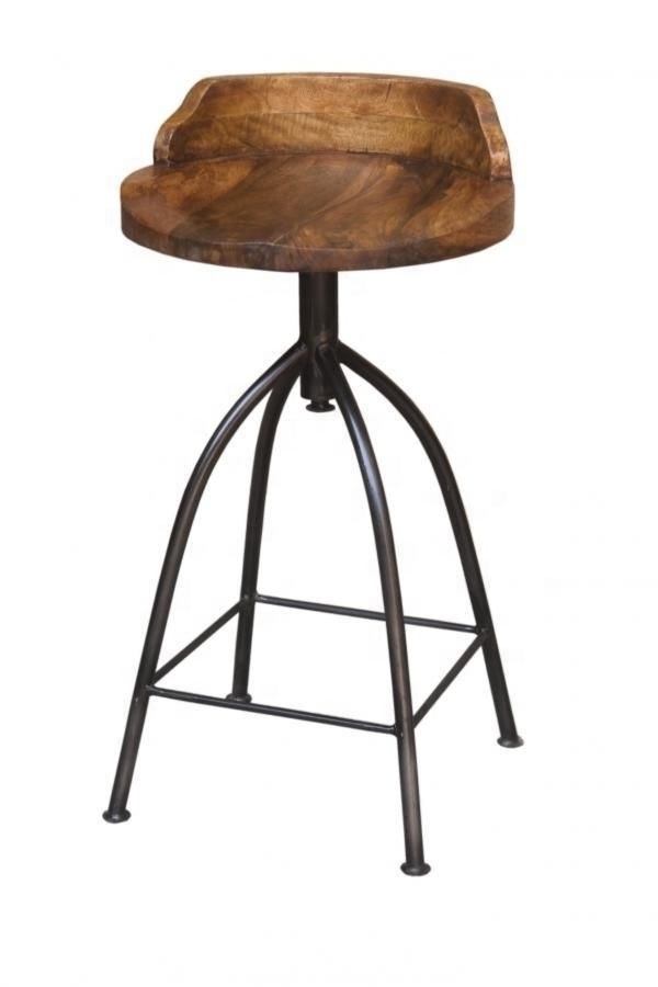 Vintage industrial swivel metal bar stool with adjustable height and solid mango wood seat