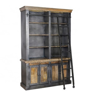 Retro styled vintage industrial iron wardrobe/armoire with solid mango wood top and iron ladder home furniture