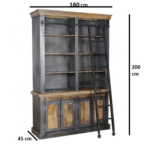 Retro styled vintage industrial iron wardrobe/armoire with solid mango wood top and iron ladder home furniture