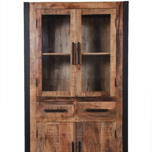 Retro styled industrial rustic aara finish solid mango wood wardrobe /armoire with 2 doors and iron stand