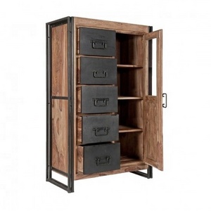 Retro styled industrial solid acaica wood wardrobe /armoire with 2 iron drawers and iron stand