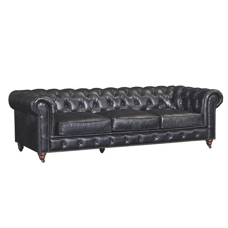 American styled buttoned leather chesterfield sofa top grain black leather sofa set living room furniture 3-seater sofa