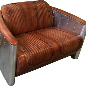 Aviator Aircraft Sofa Vintage Style Tufted Tan Leather Two Seater Living room Lounge Chair