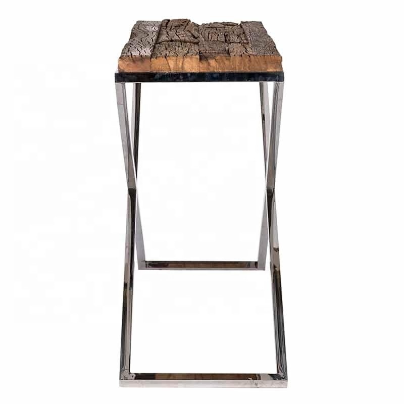 Vintage industrial railway sleeper wood console table with crossed stainless steel base