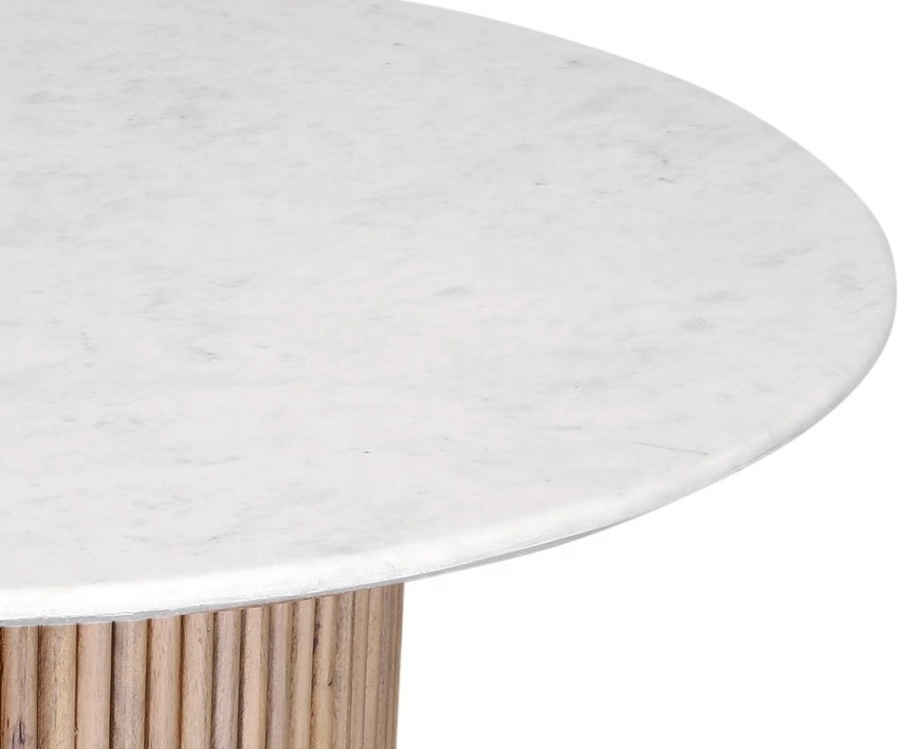 Trending Latest Japandi Style Dining Table Round White Marble Top and Solid Wood Knock Down Base Table