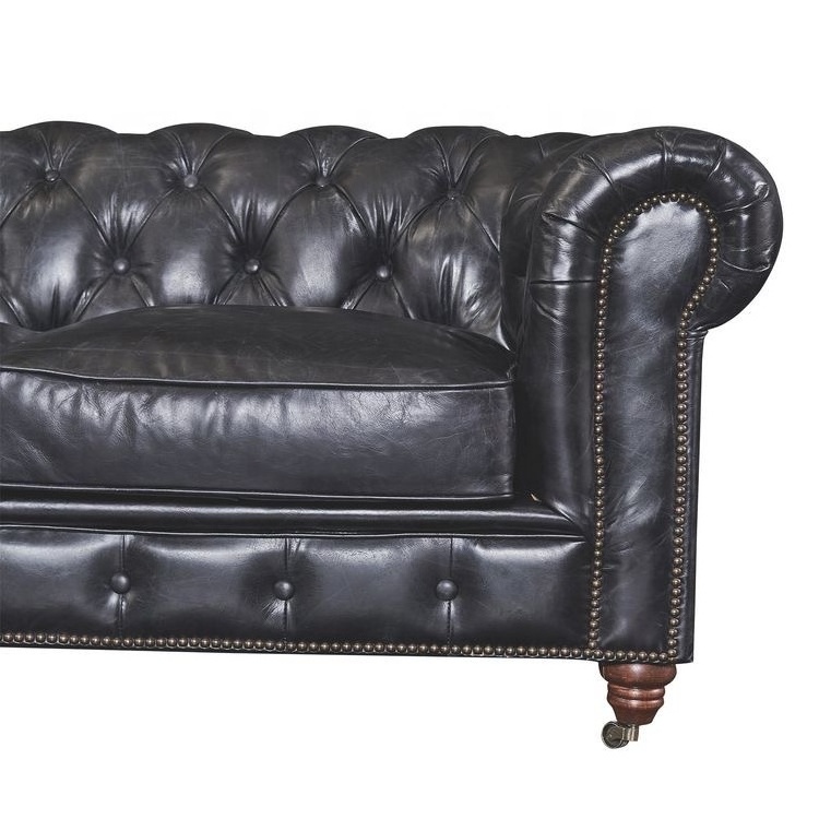 American styled buttoned leather chesterfield sofa top grain black leather sofa set living room furniture 3-seater sofa