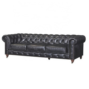 American styled buttoned leather chesterfield sofa top grain black leather sofa set living room furniture 3-seater sofa