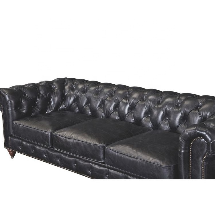 American styled buttoned leather chesterfield sofa top grain black leather sofa set living room furniture 3-seater sofa