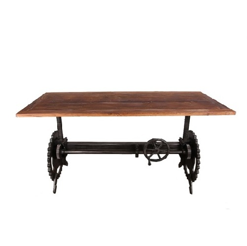 Industrial dining table with solid wood top and crank cast iron dining base handmade home furniture