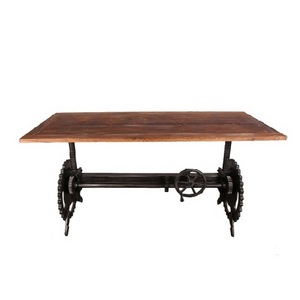 Industrial dining table with solid wood top and crank cast iron dining base handmade home furniture