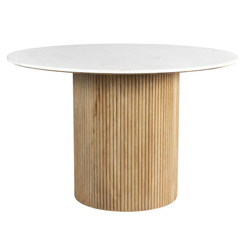 Trending Latest Japandi Style Dining Table Round White Marble Top and Solid Wood Knock Down Base Table