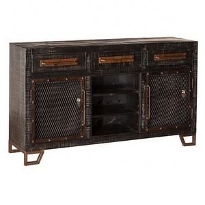 Retro Style Sideboard Cabinet with Metal Doors Black Finish Wooden Living Room Cupboard for Farmhouse Furniture