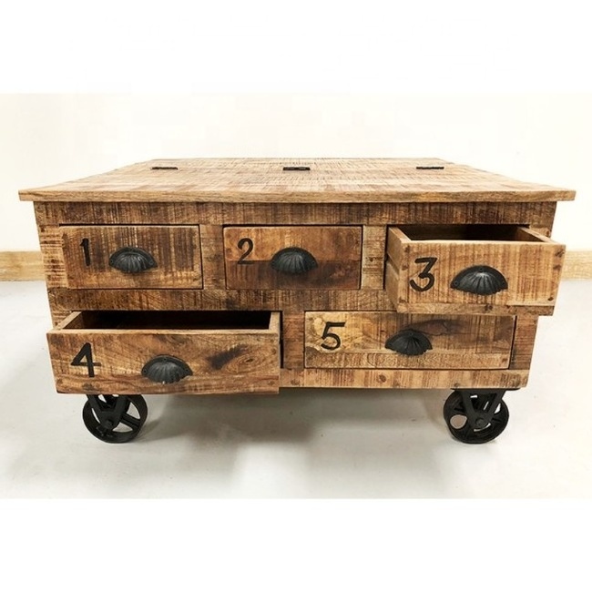 Vintage industrial aara finish mango wood chest of drawer cum coffee table with iron wheels