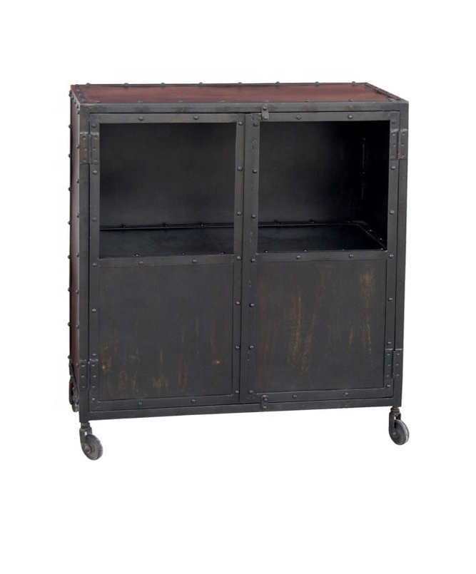 German Style Industrial Living Room Mini Storage Sideboard Cabinet with Metal Rolling Castors