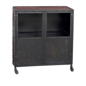 German Style Industrial Living Room Mini Storage Sideboard Cabinet with Metal Rolling Castors