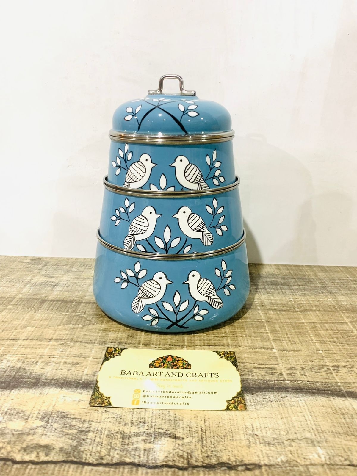 Hand painted stainless steel lunch box, 3 tier tiffin , kashmiri enamelware