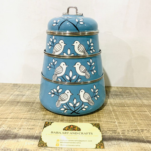 Hand painted stainless steel lunch box, 3 tier tiffin , kashmiri enamelware