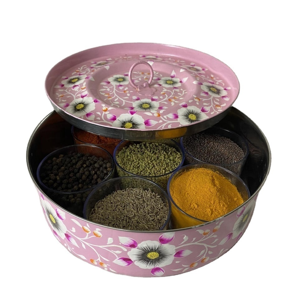 Indian Masala Box Antique Design 7 Cup Spice Container with Lid , Indian spice box, steel spice box