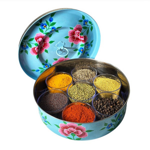 Indian Masala Box Antique Design 7 Cup Spice Container with Lid , Indian spice box, steel spice box