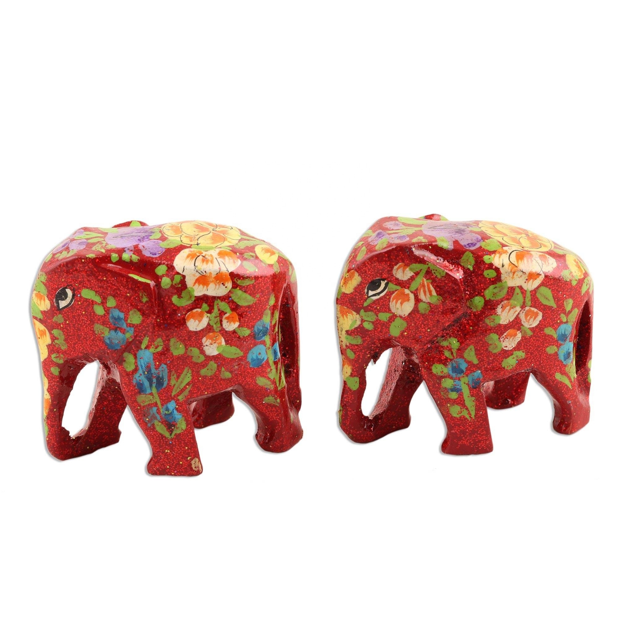 Miniature elephant ornaments hand painted wooden elephant statues from Kashmir India